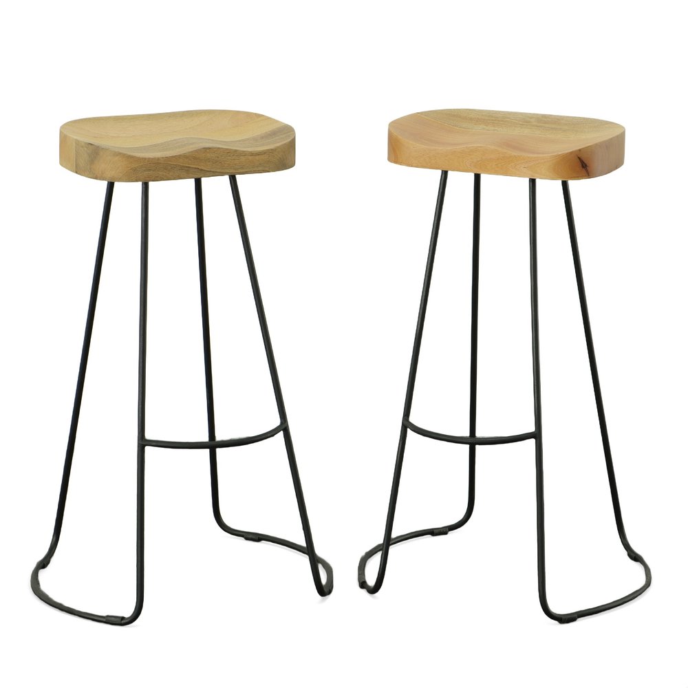 Set of Two 31" Natural and Black Solid Wood and Steel Backless Bar Height Bar Chairs HomeRoots