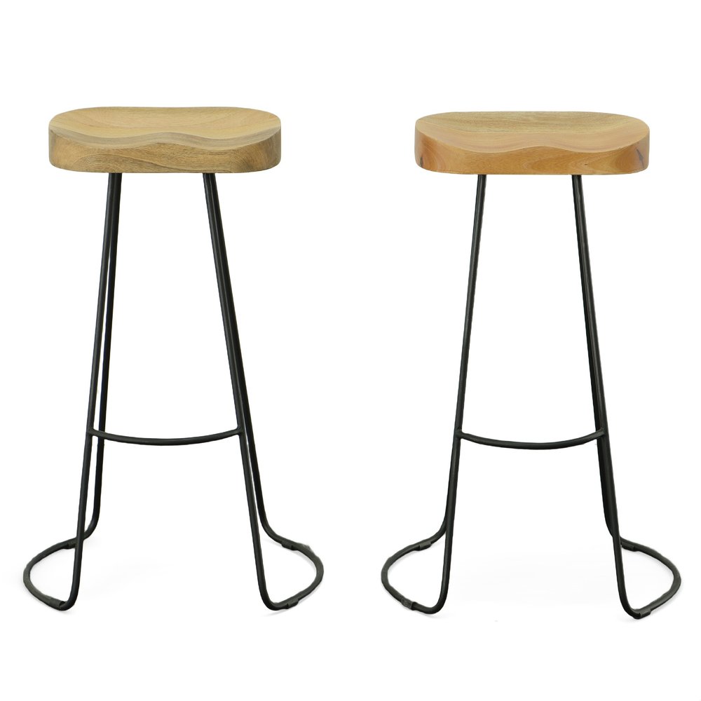 Set of Two 31" Natural And Black Solid Wood And Steel Backless Bar Height Bar Chairs HomeRoots