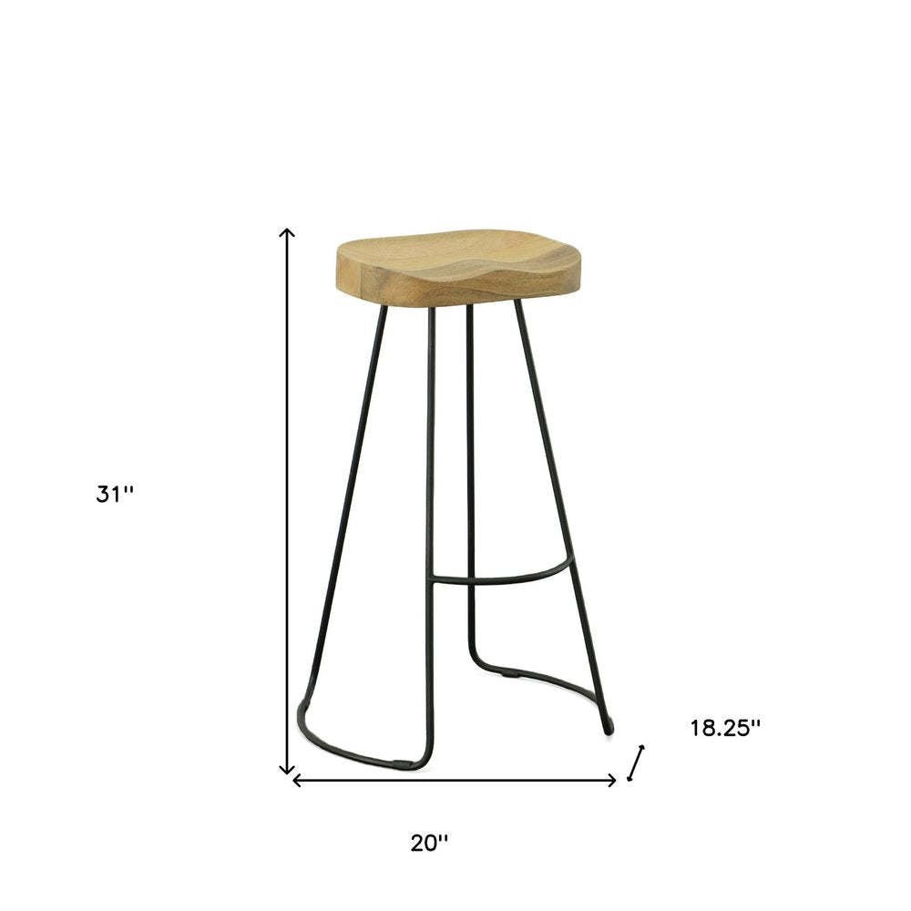 Set of Two 31" Natural And Black Solid Wood And Steel Backless Bar Height Bar Chairs HomeRoots