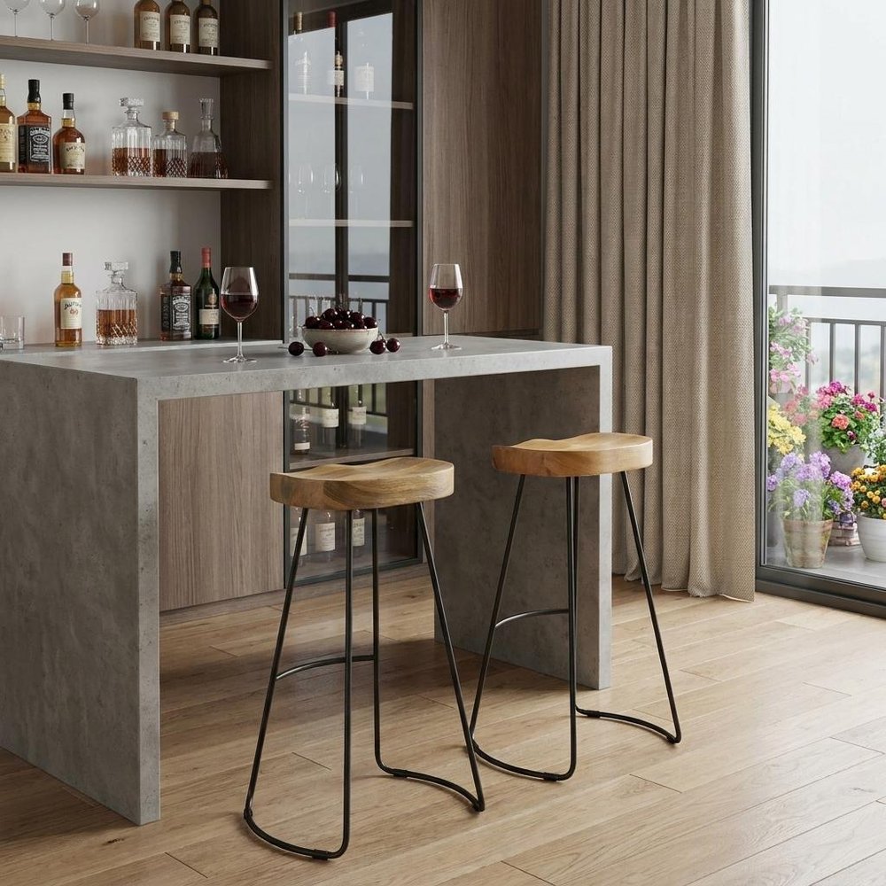 Set of Two 31" Natural and Black Solid Wood and Steel Backless Bar Height Bar Chairs HomeRoots