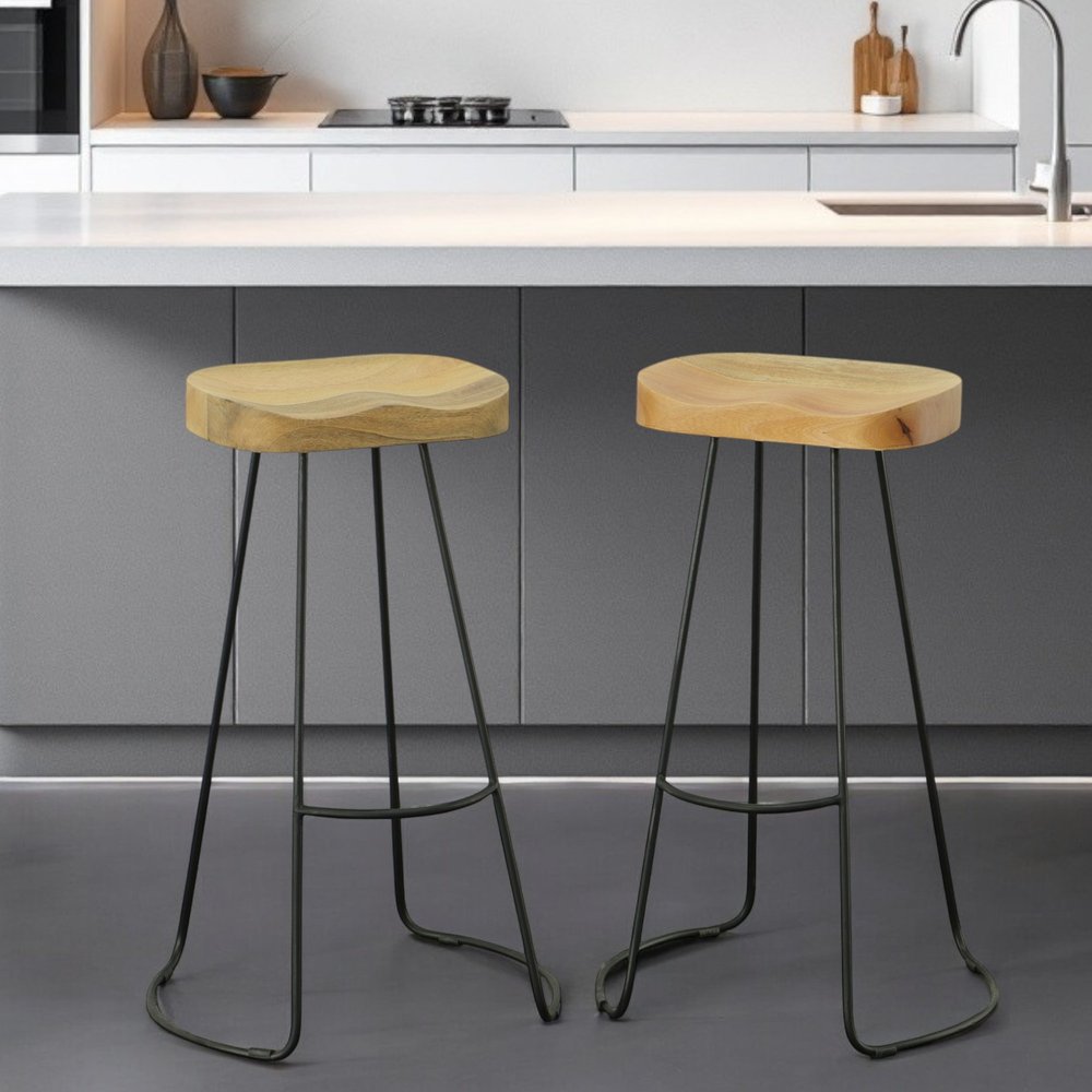 Set of Two 31" Natural and Black Solid Wood and Steel Backless Bar Height Bar Chairs HomeRoots