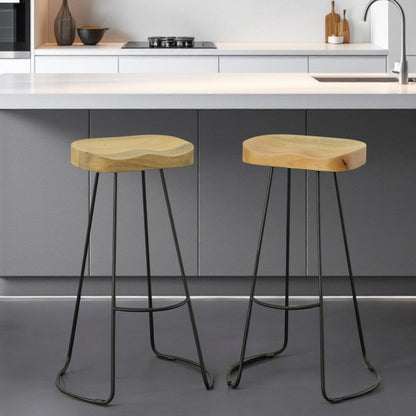 Set of Two 31" Natural and Black Solid Wood and Steel Backless Bar Height Bar Chairs HomeRoots