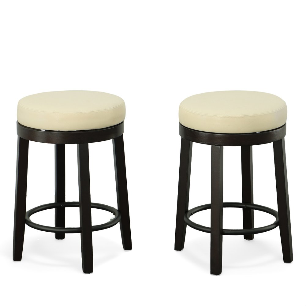Set of Two 24" Cream And Espresso Solid Wood Backless Counter Height Swivel Bar Chairs HomeRoots