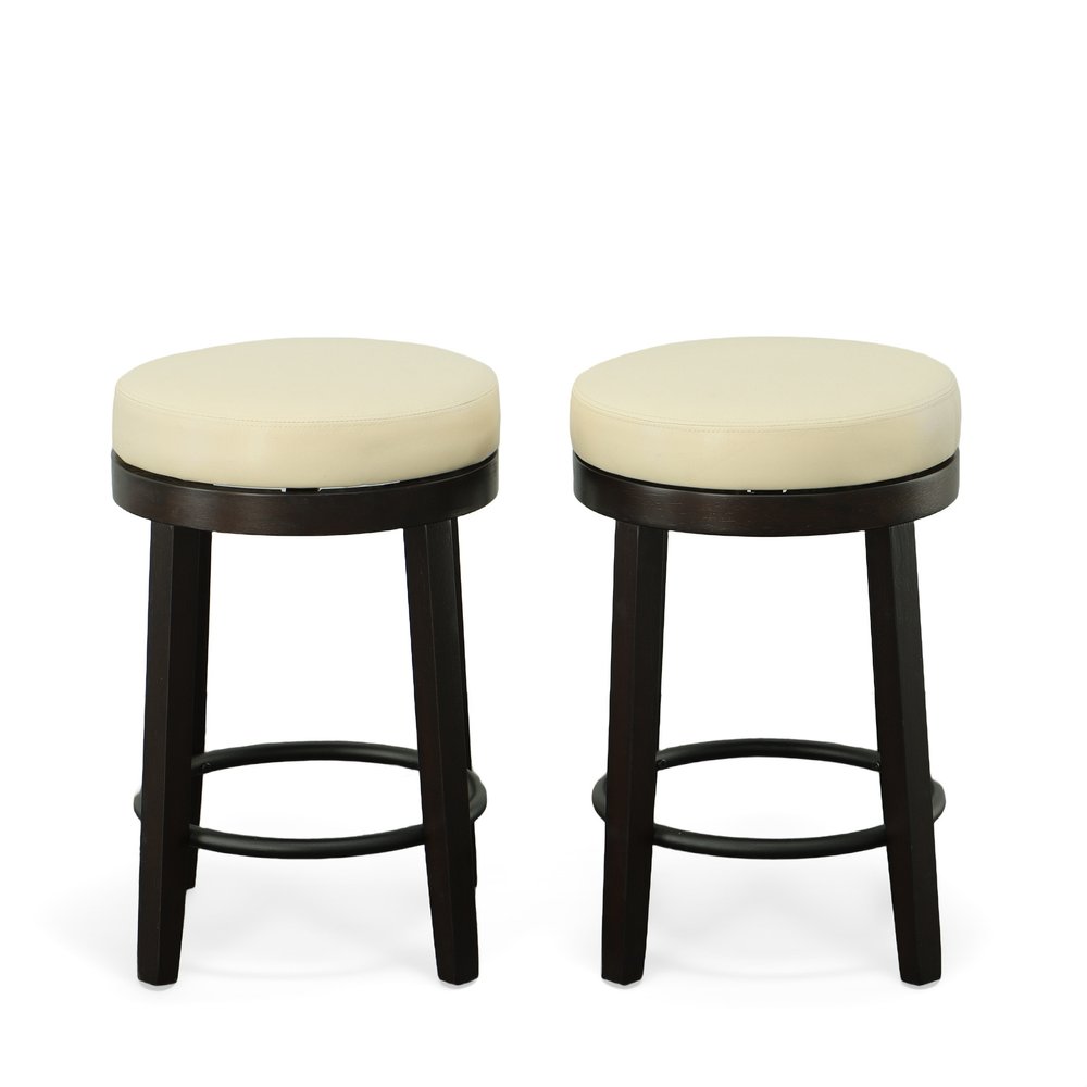 Set of Two 24" Cream And Espresso Solid Wood Backless Counter Height Swivel Bar Chairs HomeRoots