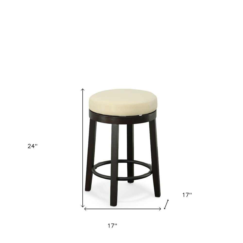Set of Two 24" Cream And Espresso Solid Wood Backless Counter Height Swivel Bar Chairs HomeRoots