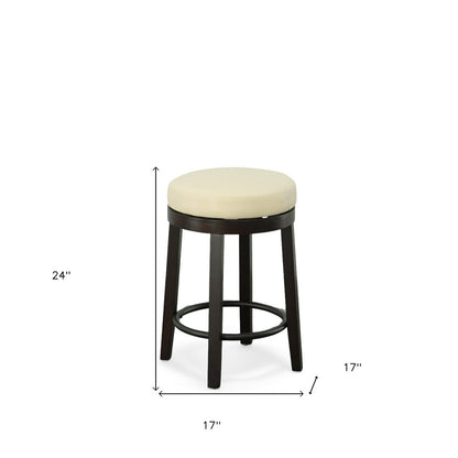 Set of Two 24" Cream And Espresso Solid Wood Backless Counter Height Swivel Bar Chairs HomeRoots
