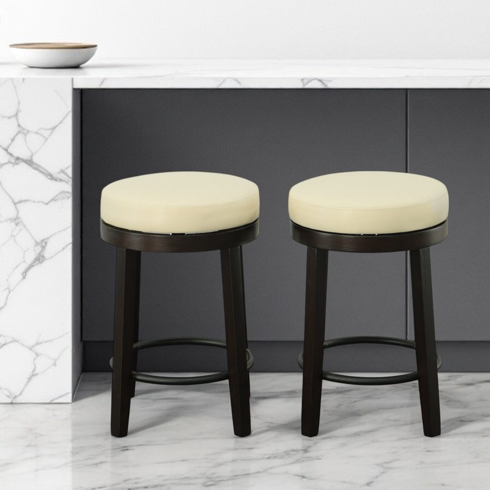 Set of Two 24" Cream and Espresso Faux Leather and Solid Wood Backless Counter Height Swivel Bar Chairs HomeRoots
