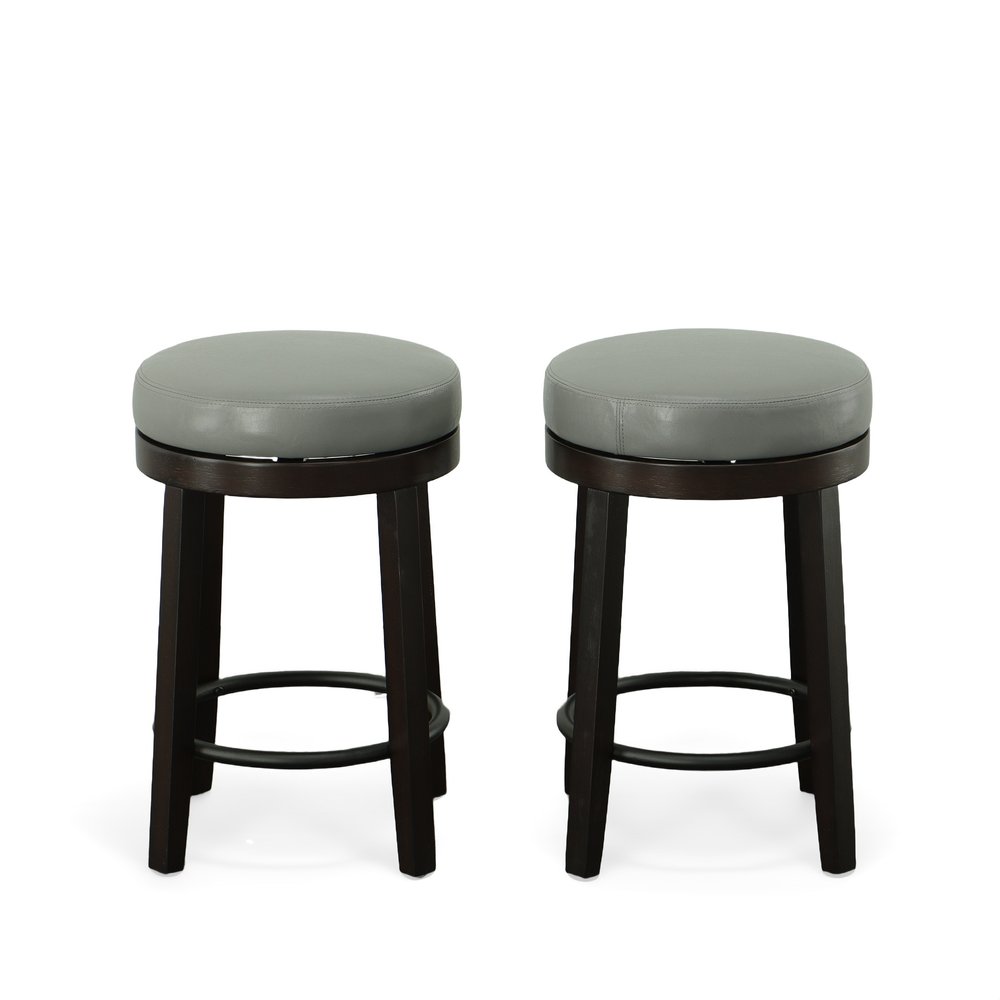 Set of Two 24" Gray And Espresso Faux Leather And Faux Leather And Solid Wood Backless Counter Height Swivel Bar Chairs HomeRoots