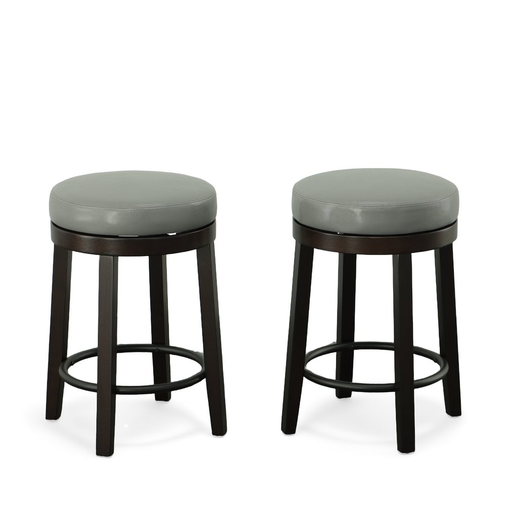 Set of Two 24" Gray And Espresso Faux Leather And Faux Leather And Solid Wood Backless Counter Height Swivel Bar Chairs HomeRoots