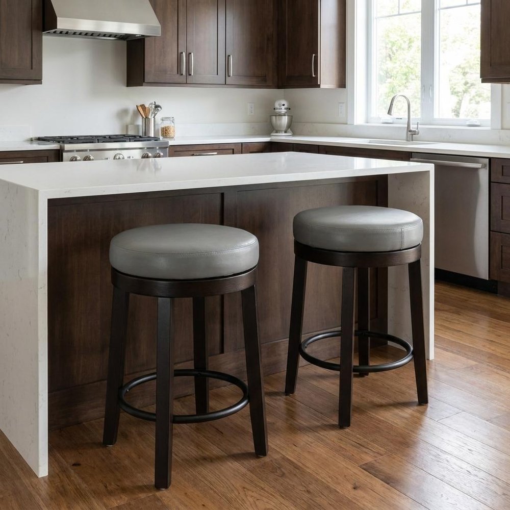 Set of Two 24" Gray And Espresso Faux Leather And Faux Leather And Solid Wood Backless Counter Height Swivel Bar Chairs HomeRoots