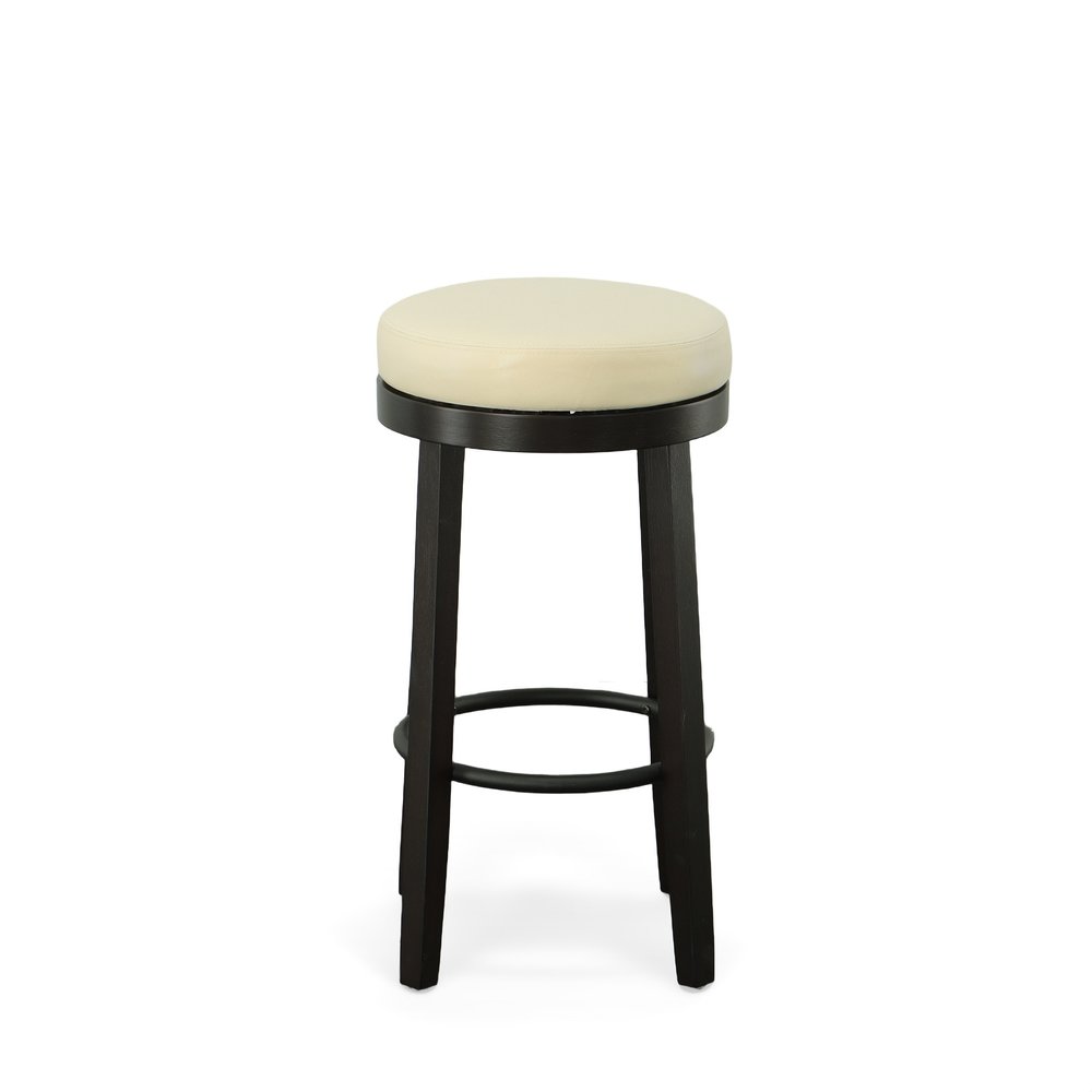 Set of Two 30" Cream and Espresso Faux Leather and Solid Wood Backless Bar Height Swivel Bar Chairs HomeRoots