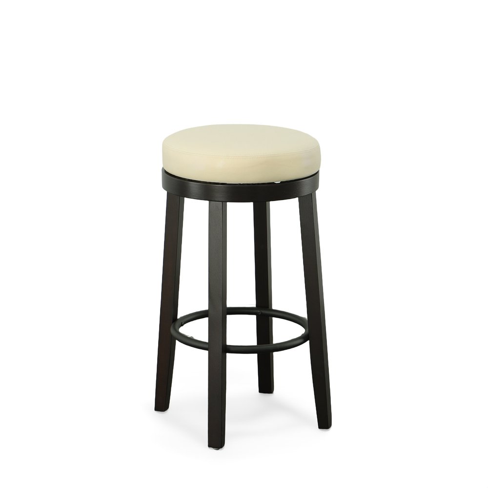 Set of Two 30" Cream and Espresso Faux Leather and Solid Wood Backless Bar Height Swivel Bar Chairs HomeRoots