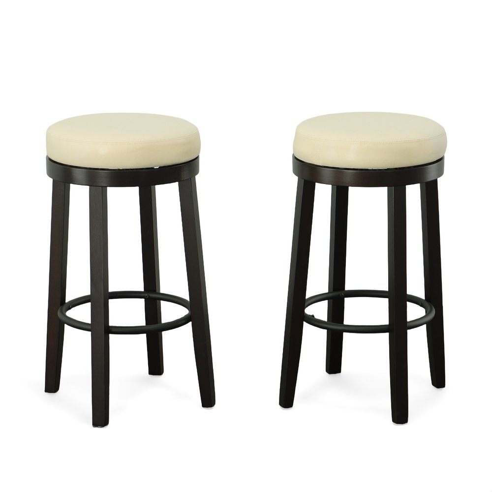 Set of Two 30" Cream and Espresso Faux Leather and Solid Wood Backless Bar Height Swivel Bar Chairs HomeRoots