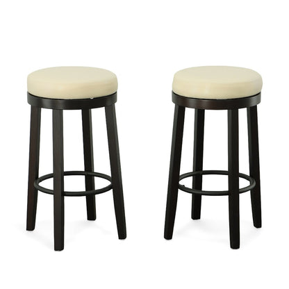 Set of Two 30" Cream and Espresso Faux Leather and Solid Wood Backless Bar Height Swivel Bar Chairs HomeRoots