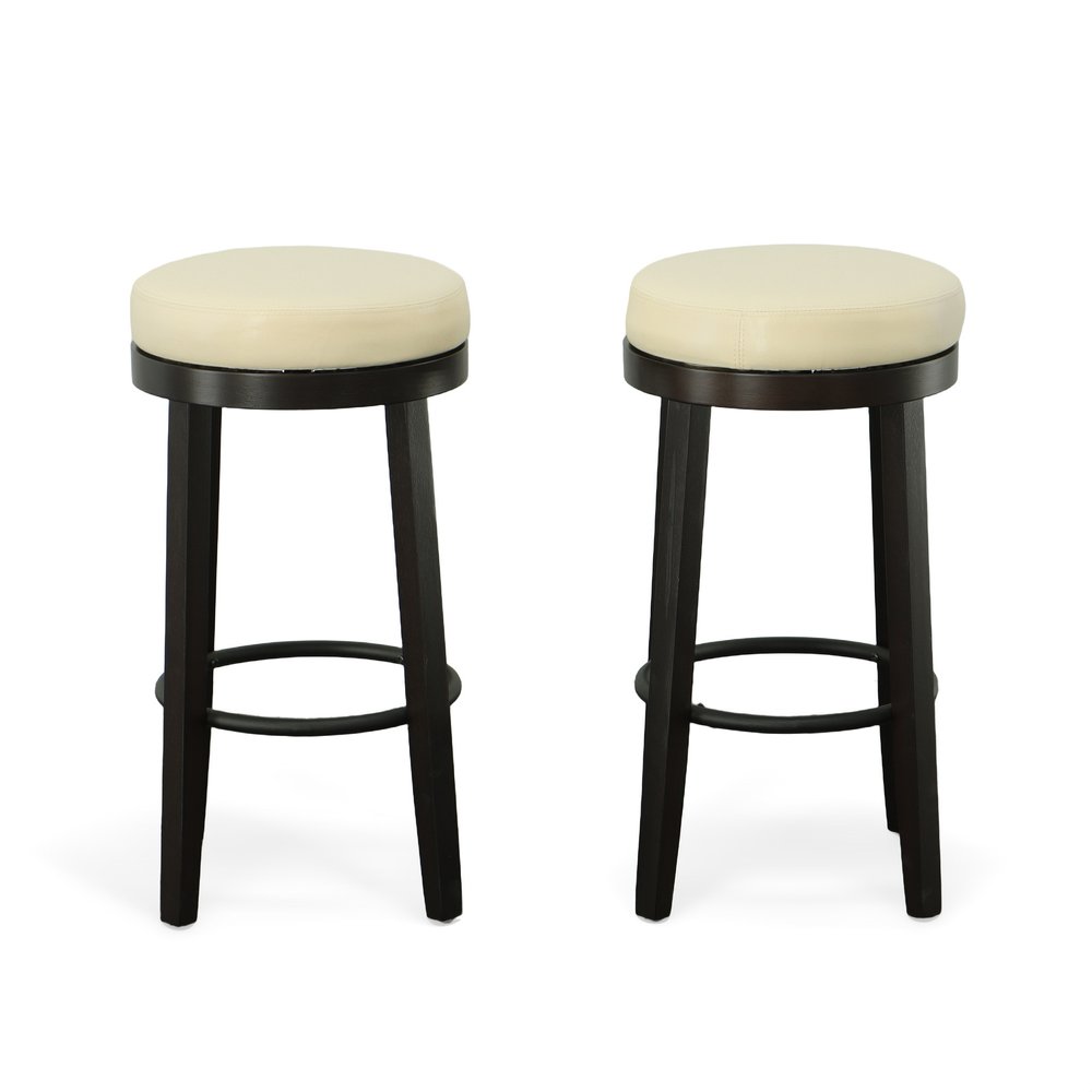 Set of Two 30" Cream and Espresso Faux Leather and Solid Wood Backless Bar Height Swivel Bar Chairs HomeRoots