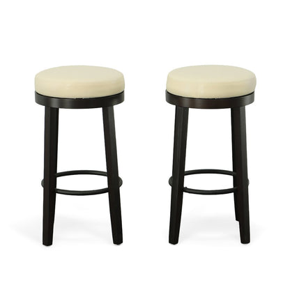 Set of Two 30" Cream and Espresso Faux Leather and Solid Wood Backless Bar Height Swivel Bar Chairs HomeRoots