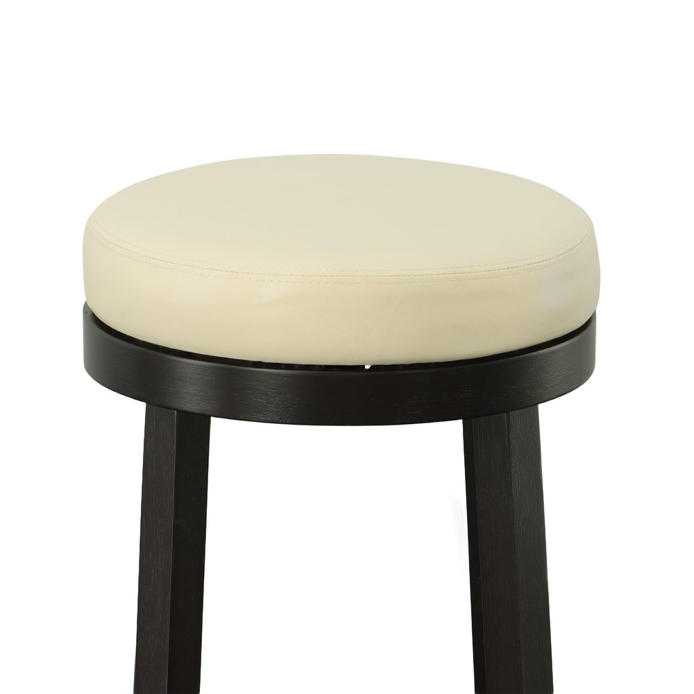 Set of Two 30" Cream and Espresso Faux Leather and Solid Wood Backless Bar Height Swivel Bar Chairs HomeRoots