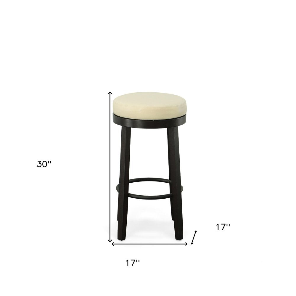 Set of Two 30" Cream and Espresso Faux Leather and Solid Wood Backless Bar Height Swivel Bar Chairs HomeRoots