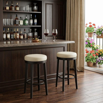 Set of Two 30" Cream and Espresso Faux Leather and Solid Wood Backless Bar Height Swivel Bar Chairs HomeRoots