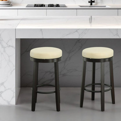 Set of Two 30" Cream and Espresso Faux Leather and Solid Wood Backless Bar Height Swivel Bar Chairs HomeRoots