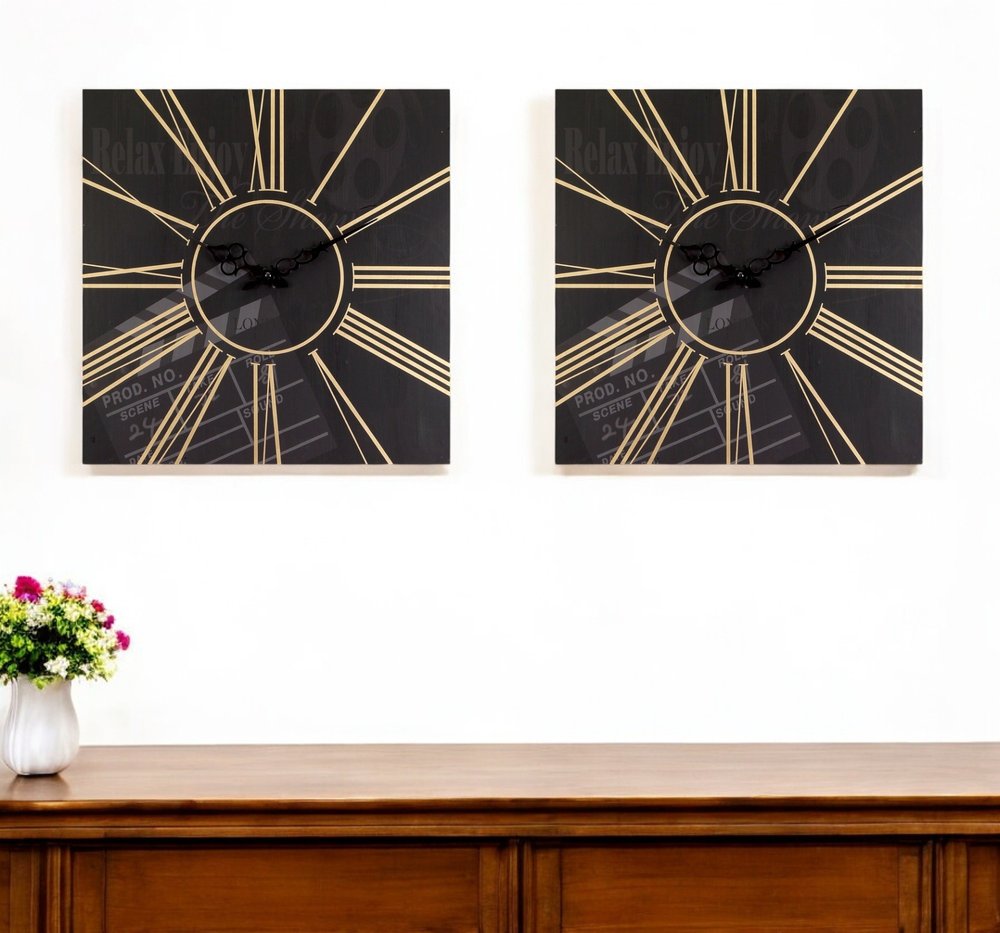Set of Two Black And Gold Wood Analog Square Cinema Wall Clocks HomeRoots