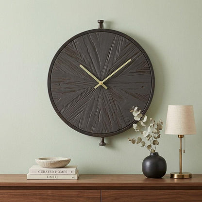 18" Circle Black Wood and Solid Wood Analog Wall Clock HomeRoots