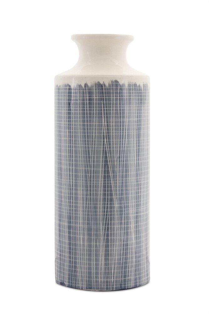 19" Blue and White Geometric Cylinder Terracotta Floor Vase HomeRoots