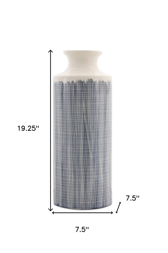 19" Blue and White Geometric Cylinder Terracotta Floor Vase HomeRoots