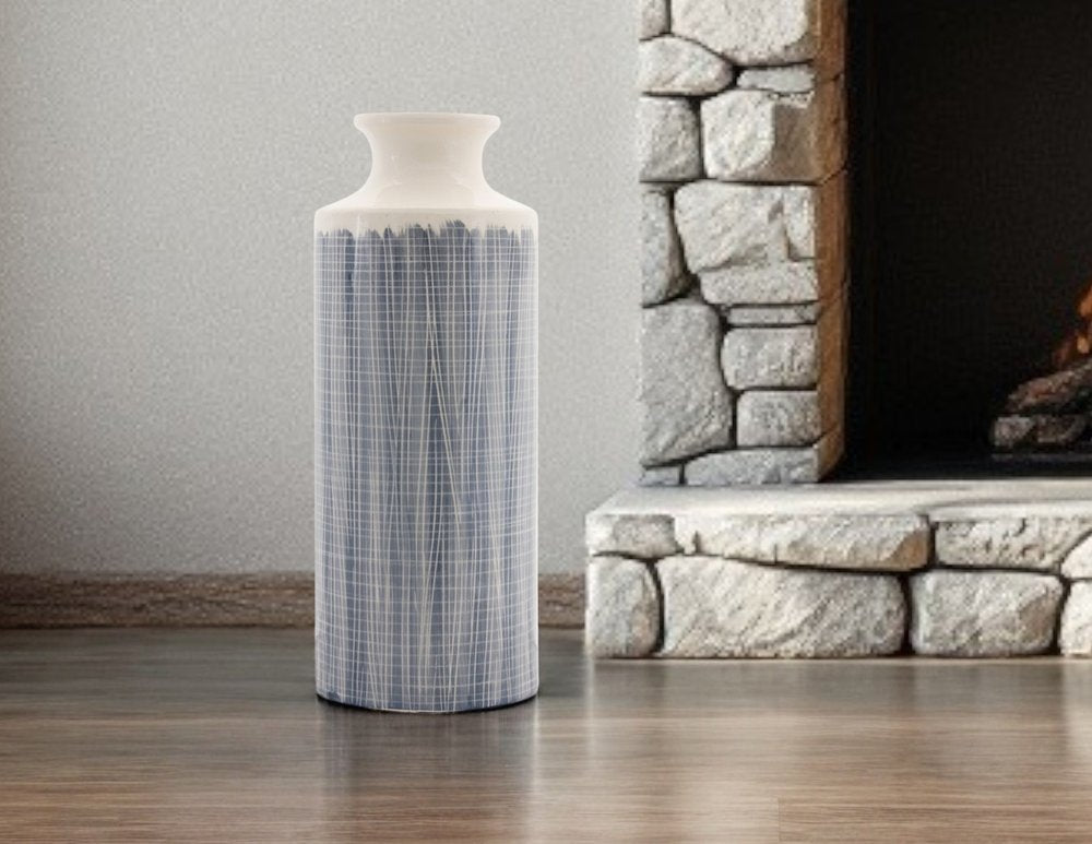 19" Blue and White Geometric Cylinder Terracotta Floor Vase HomeRoots