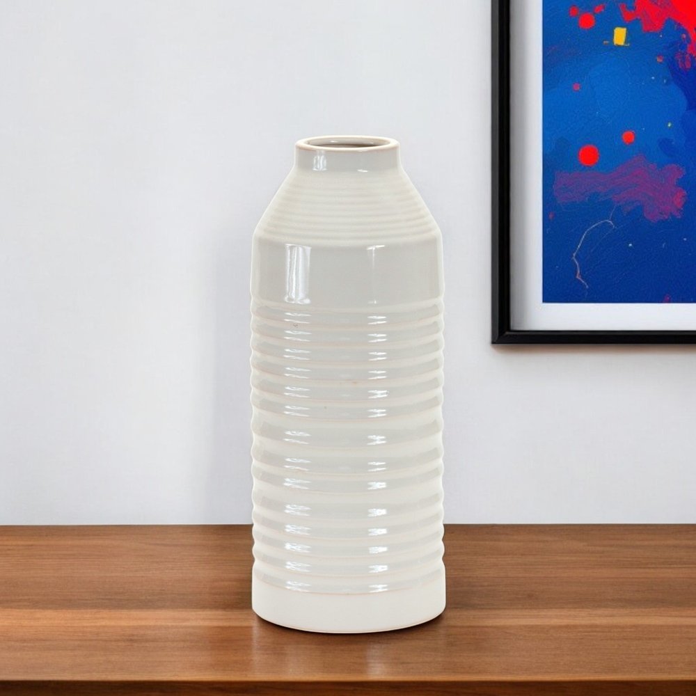 15" White Ribbed Cylinder Terracotta Table Vase HomeRoots