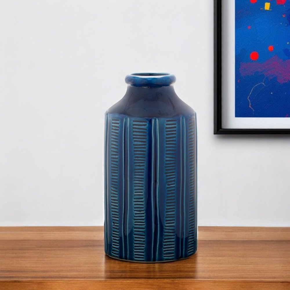 11" Blue Ribbed Round Terracotta Table Vase HomeRoots