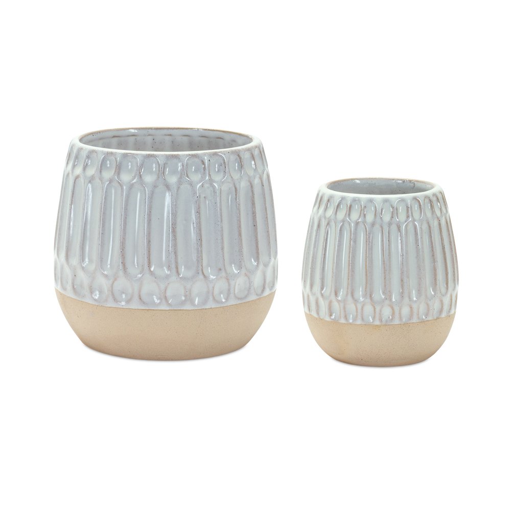 Set of Two Beige and White Ribbed Round Porcelain Table Vase HomeRoots