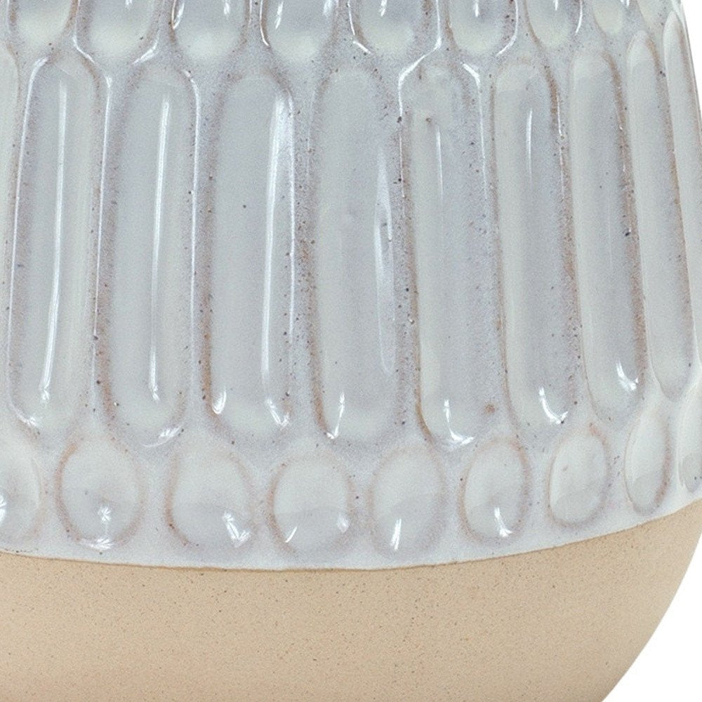 Set of Two Beige and White Ribbed Round Porcelain Table Vase HomeRoots