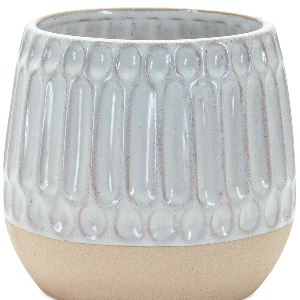 Set of Two Beige and White Ribbed Round Porcelain Table Vase HomeRoots