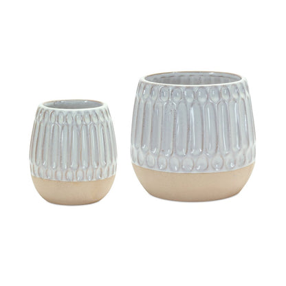 Set of Two Beige and White Ribbed Round Porcelain Table Vase HomeRoots