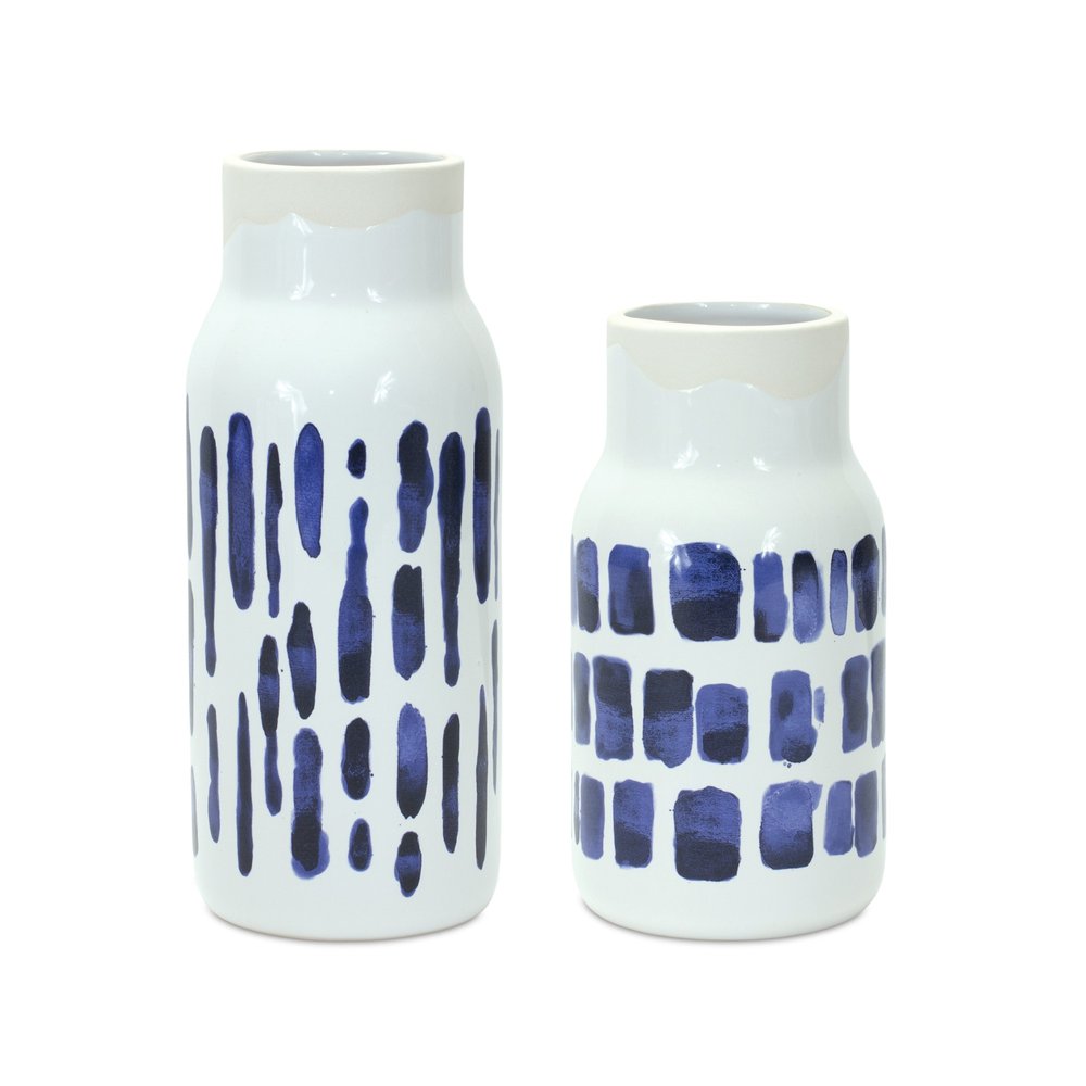 Set of Two Blue and White Abstract Cylinder Ceramic Table Vase HomeRoots