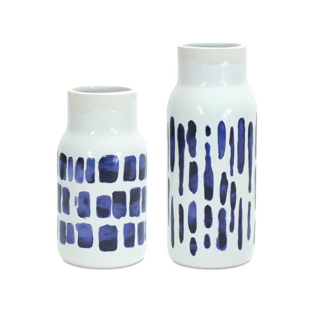 Set of Two Blue and White Abstract Cylinder Ceramic Table Vase HomeRoots