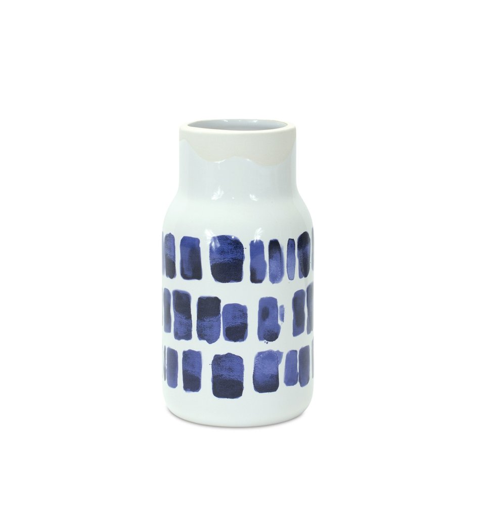 Set of Two Blue and White Abstract Cylinder Ceramic Table Vase HomeRoots