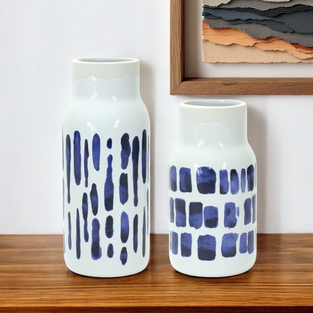 Set of Two Blue and White Abstract Cylinder Ceramic Table Vase HomeRoots