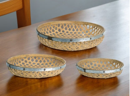 Set Of Three Brown Round Solid Wood Serving Tray