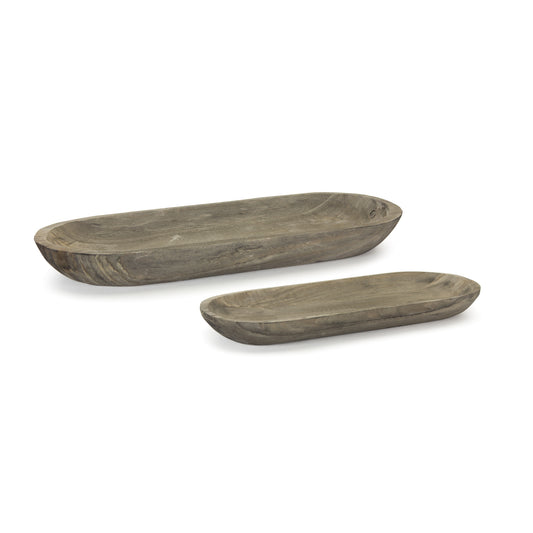 Set of Two Natural Brown Oval Solid Wood Serving Trays