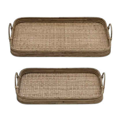 Set of Two Brown Rattan Serving Tray With Handles