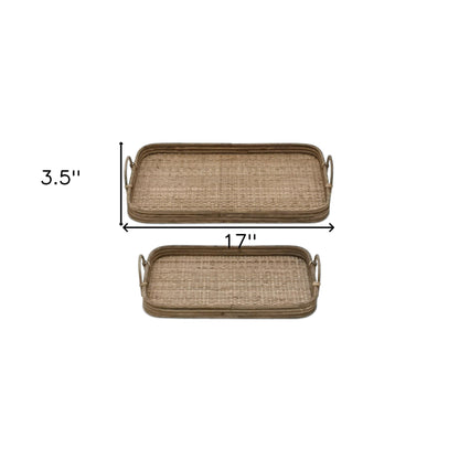 Set of Two Brown Rattan Serving Tray With Handles