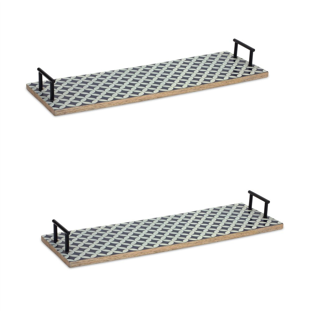 Set of Two Blue Solid Wood Geometric Serving Tray With Handles HomeRoots