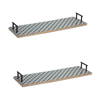 Set of Two Blue Solid Wood Geometric Serving Tray With Handles HomeRoots