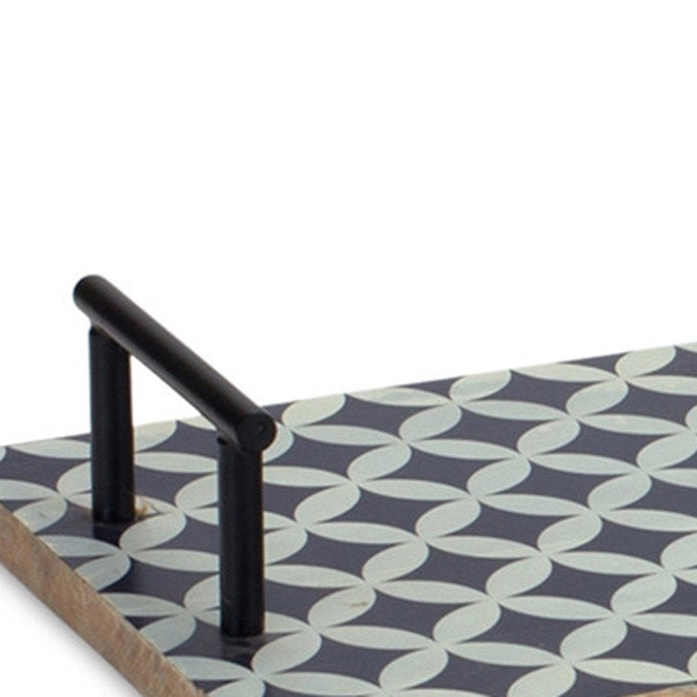 Set of Two Blue Solid Wood Geometric Serving Tray With Handles HomeRoots