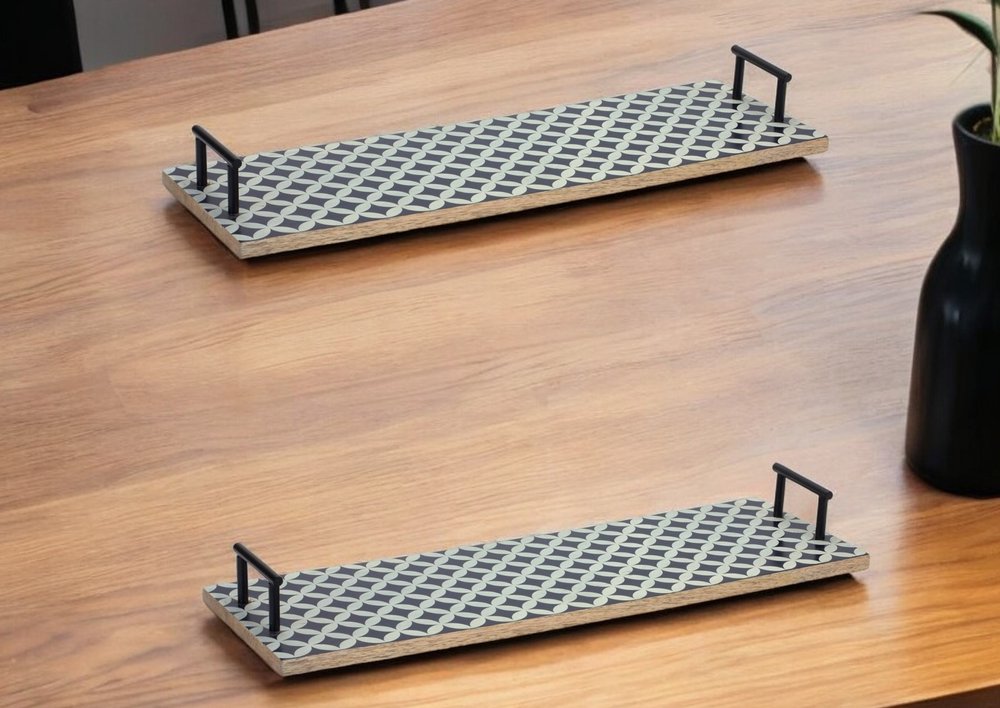 Set of Two Blue Solid Wood Geometric Serving Tray With Handles HomeRoots