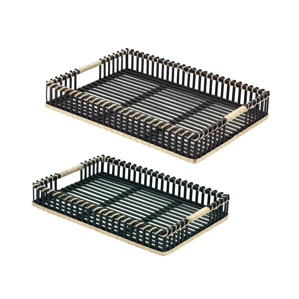 Set of Two Black Rectangular Solid Wood Serving Tray With Handles HomeRoots