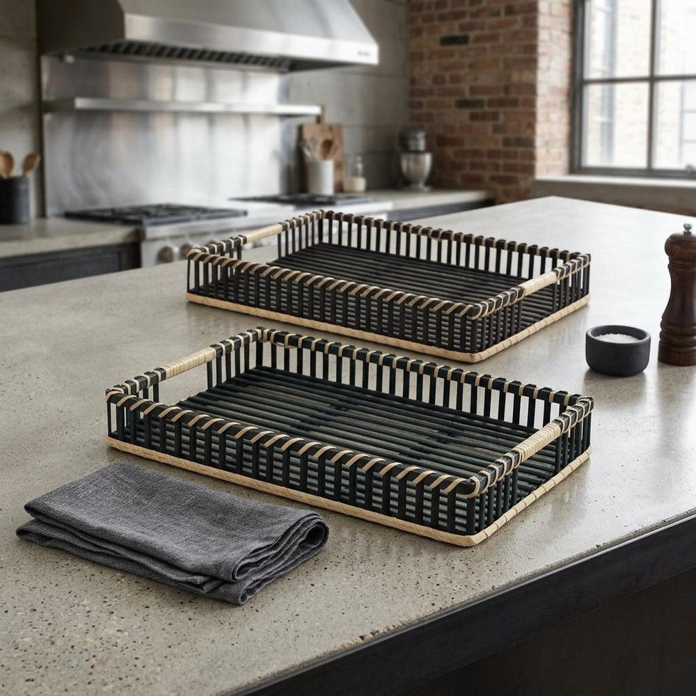 Set of Two Black Rectangular Solid Wood Serving Tray With Handles HomeRoots