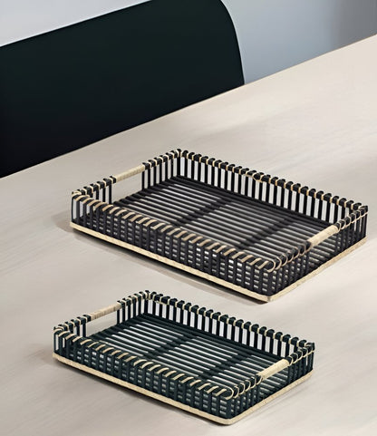 Set of Two Black Rectangular Solid Wood Serving Tray With Handles HomeRoots